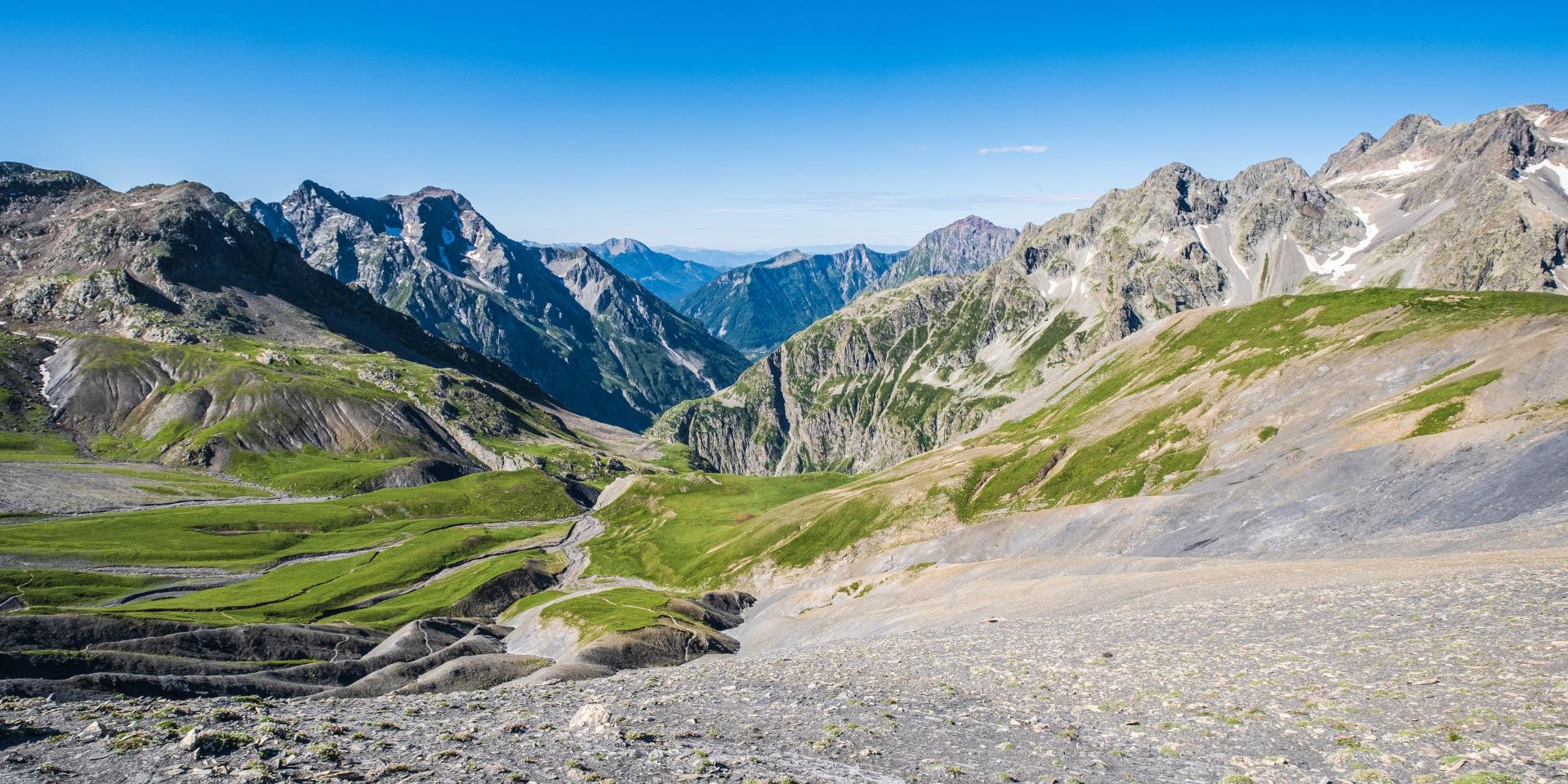 View of the Drac Blanc valley from the Vallonpierre Pass at the end of the Valgaudemar Valley, Ecrins National Park, French Alps