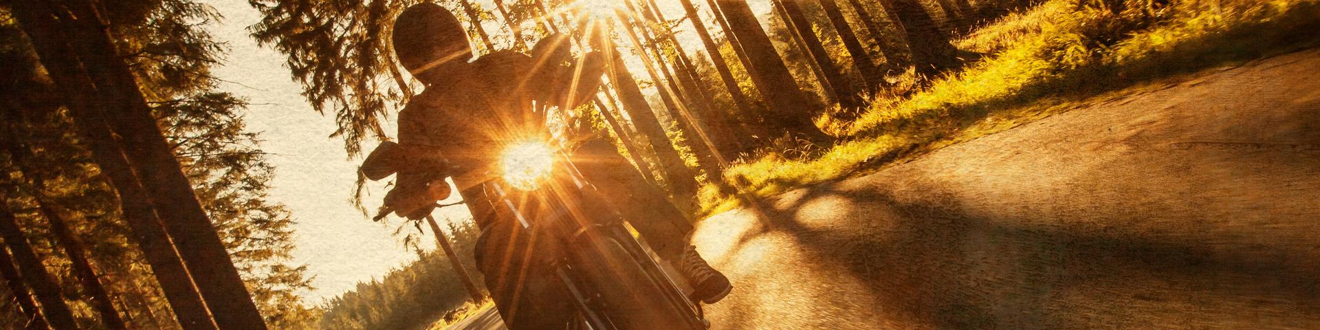 Man seat on the motorcycle on the forest road.