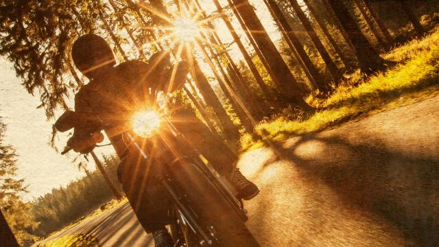 Man seat on the motorcycle on the forest road.