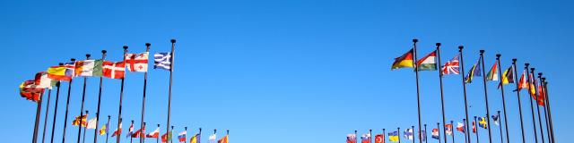 international flags in the wind against the sky