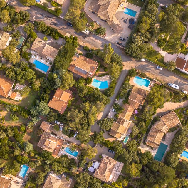 Luxury Villas with swimming pools top down aerial view in Southern France