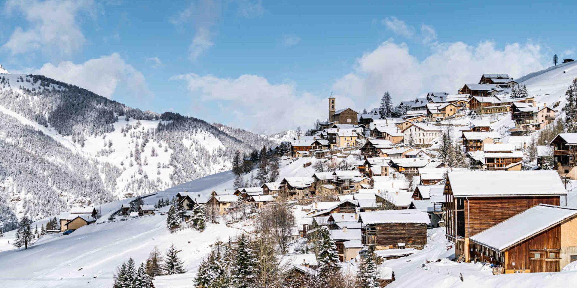 Snow-covered roofs in the village of Saint-Véran