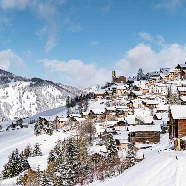 Snow-covered roofs in the village of Saint-Véran