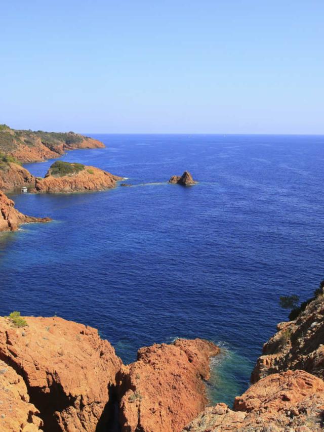 Esterel mediterranean red rocks coast, beach and sea. French Riviera in Cote d Azur near Cannes Saint Raphael, Provence, France, Europe