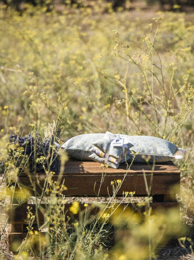 Coussins de relaxation et sachets de lavandin Marque Provence photographiés dans un champ