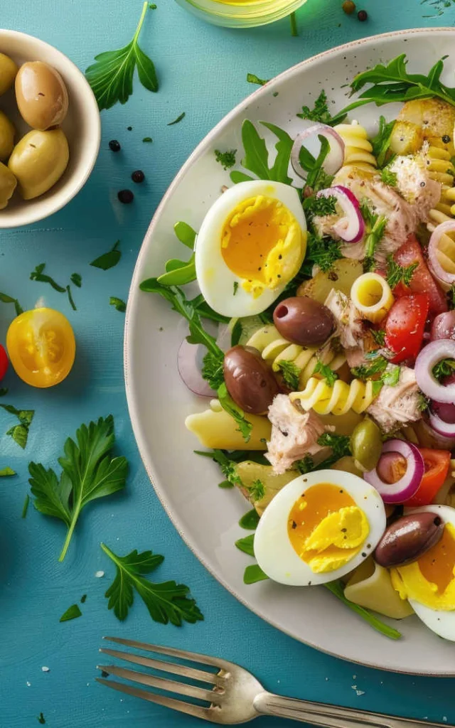 Assiette de pâtes à la niçoise sur une table bleue