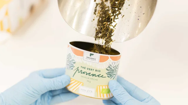 Close-up of the Terre d'Oc tea tin