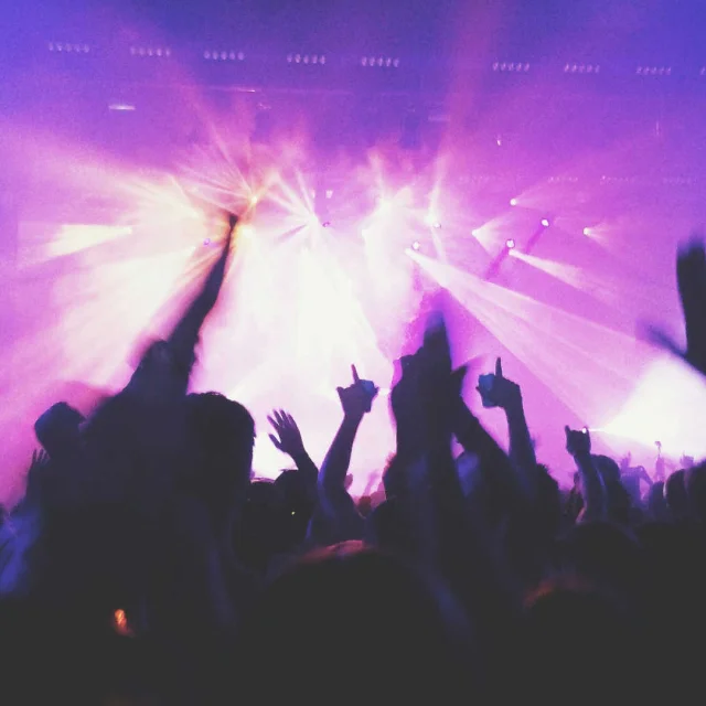 Public qui danse et lève les bras face à une scène de concert illuminée