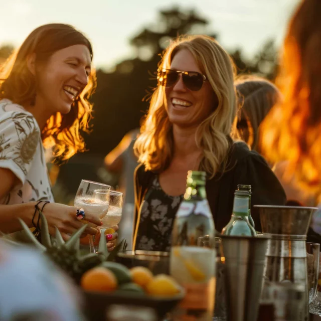 Des amies rieuses qui prennent l'apéritif au coucher de soleil