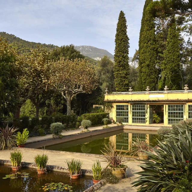 Végétation luxuriante et bassin dans le jardin de la serre de la Madone à Menton