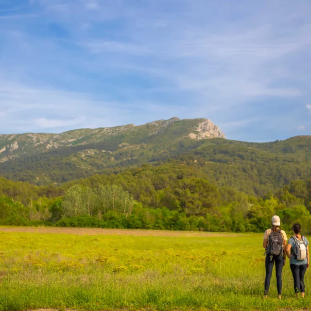 Deux randonneuses de dos qui admirent le massif de la Sainte-Victoire