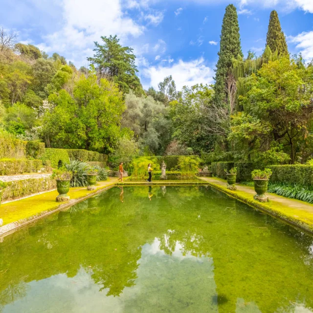 Vue en perspective d'un grand bassin du jardin Serre de la Madone