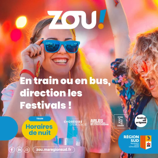 Visuel Région Sud, en train ou en bus direction les festivals