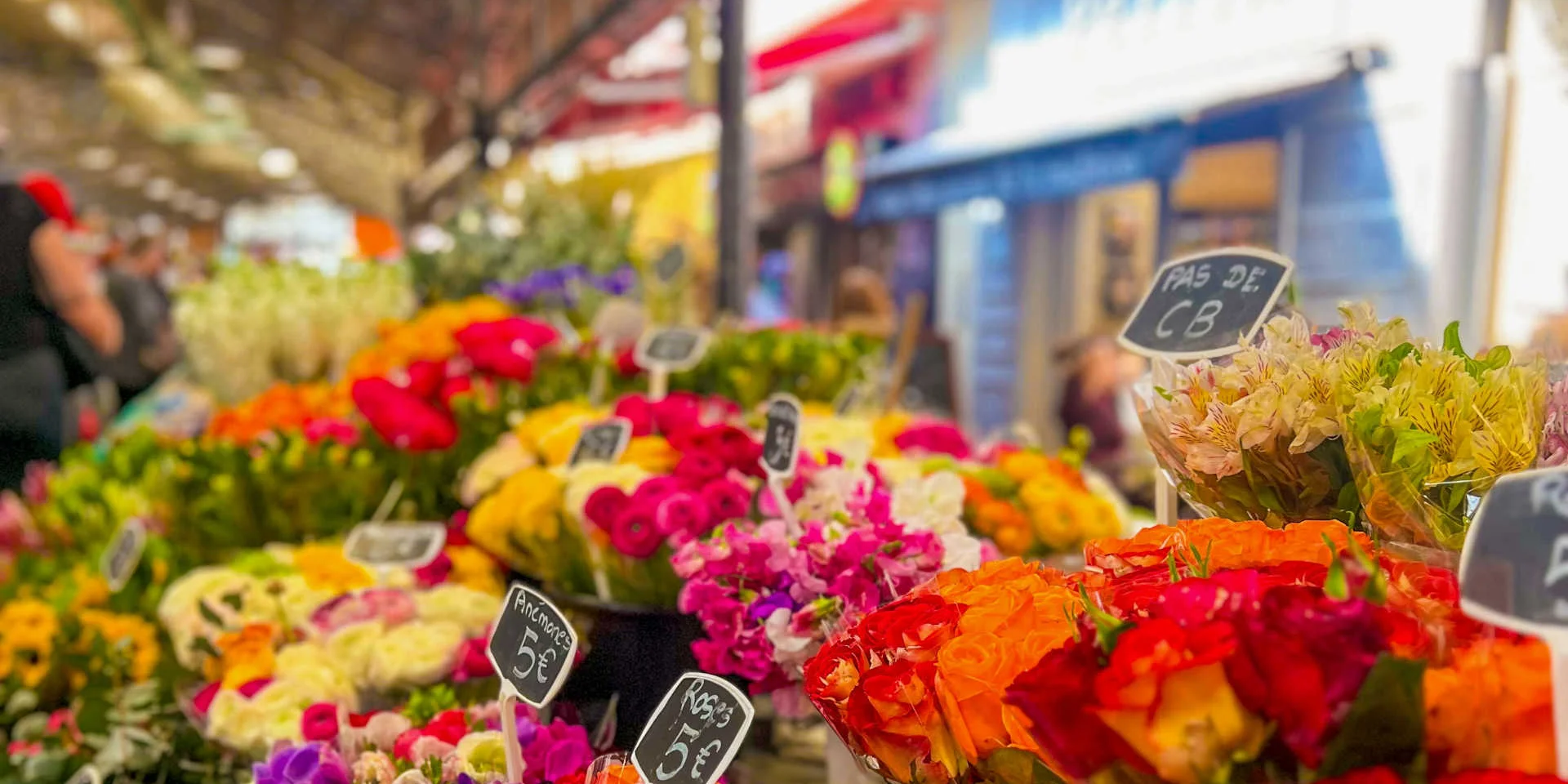 Display of red, pink and orange flowers at a flower market