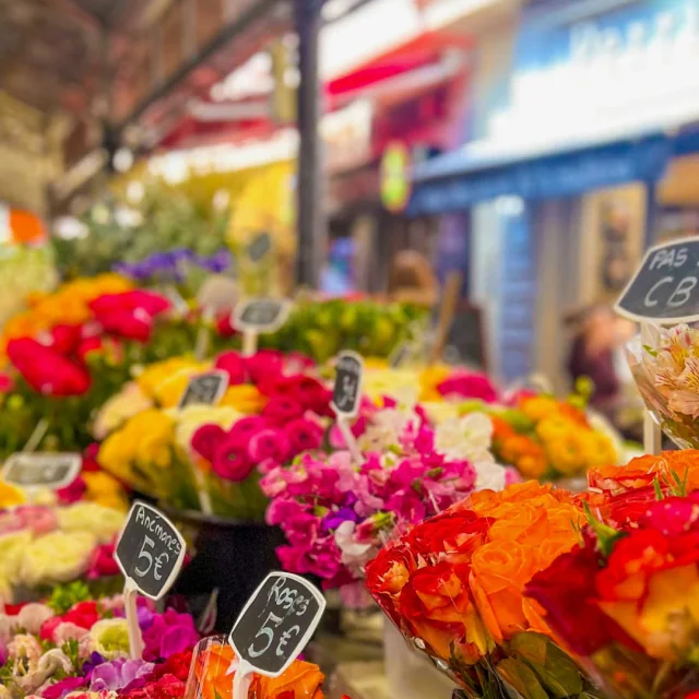 Auslage mit roten, rosa und orangefarbenen Blumen auf einem Blumenmarkt