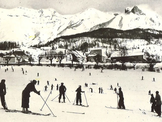Old black and white photograph of a ski resort