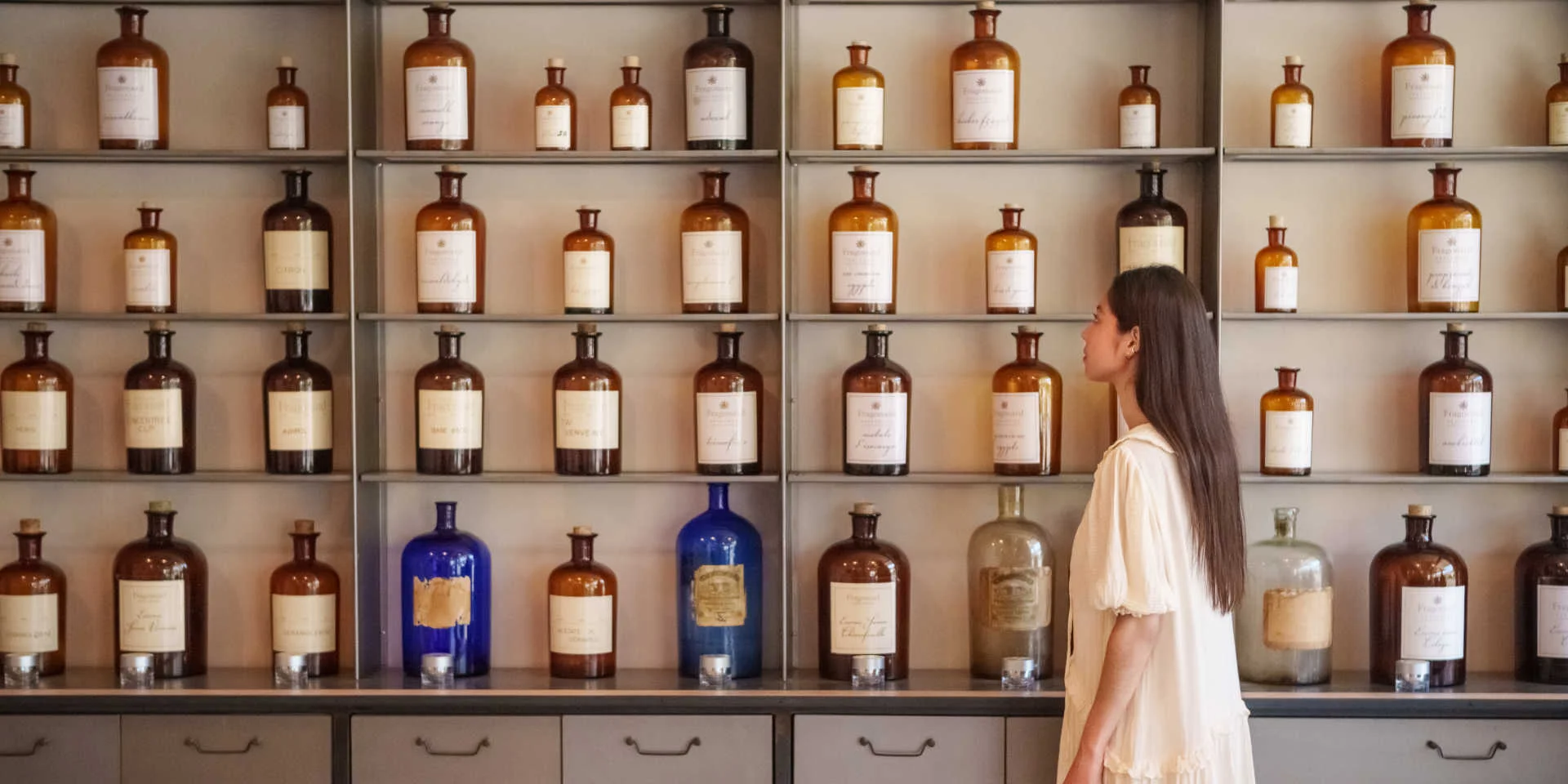 Une femme contemple les fragrances de l'usine-musée Fragonard