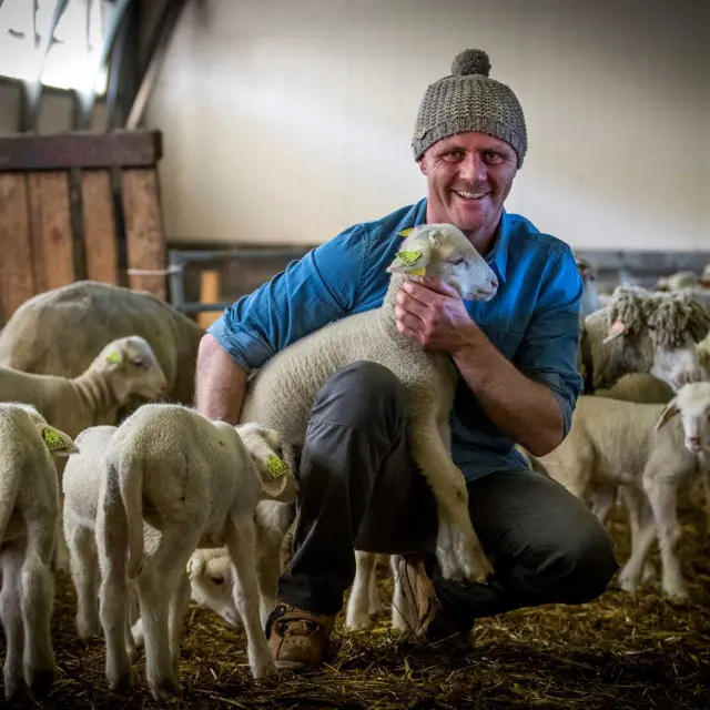 Ein Züchter inmitten seiner Lämmer und Schafe auf dem Bauernhof Flouka